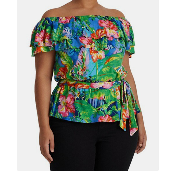 Lauren Ralph Lauren Women's Peplum Off-The-Shoulder Green Plus Size 2X 12140 - Picture 1 of 3